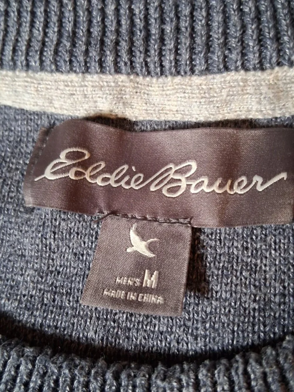 Eddie Bauer Sweater Men Medium Blue Pulllover Gray Retro Stripe Sleeve - Picture 3 of 14